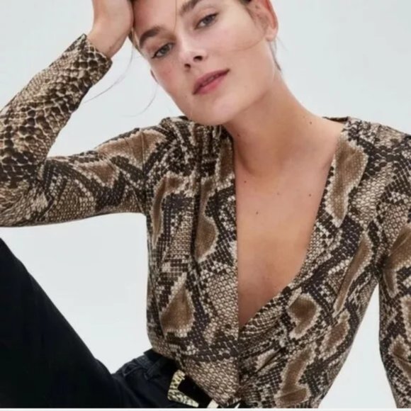 Zara Trafaluc Snakeskin Print Wrap V Neck Bodysuit Size S EUC - Picture 1 of 11